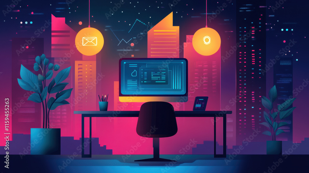 Poster computer hand drawn, a high-tech office featuring a computer setup with expansive views of a city sk