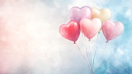 Pastel Heart Shaped Balloons Float Against A Cloudy Sky