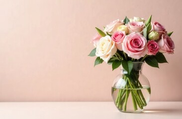 Obraz premium A vase of pink and white roses elegantly placed on a table with empty space for text