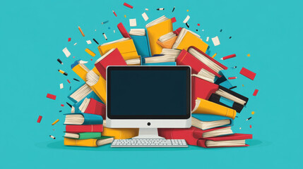 Computer hand drawn, A computer sits on a cluttered dorm desk surrounded by various items, showcasing a typical student workspace filled with chaos.