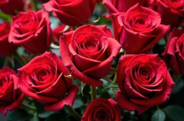 Naklejka premium A beautiful bunch of vibrant red roses adorned with water drops on them