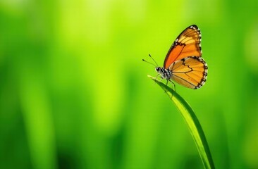 A beautiful yellow butterfly is gently resting on a green leaf among the grass