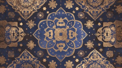 Ornate blue and gold patterned design featuring floral motifs and geometric shapes.