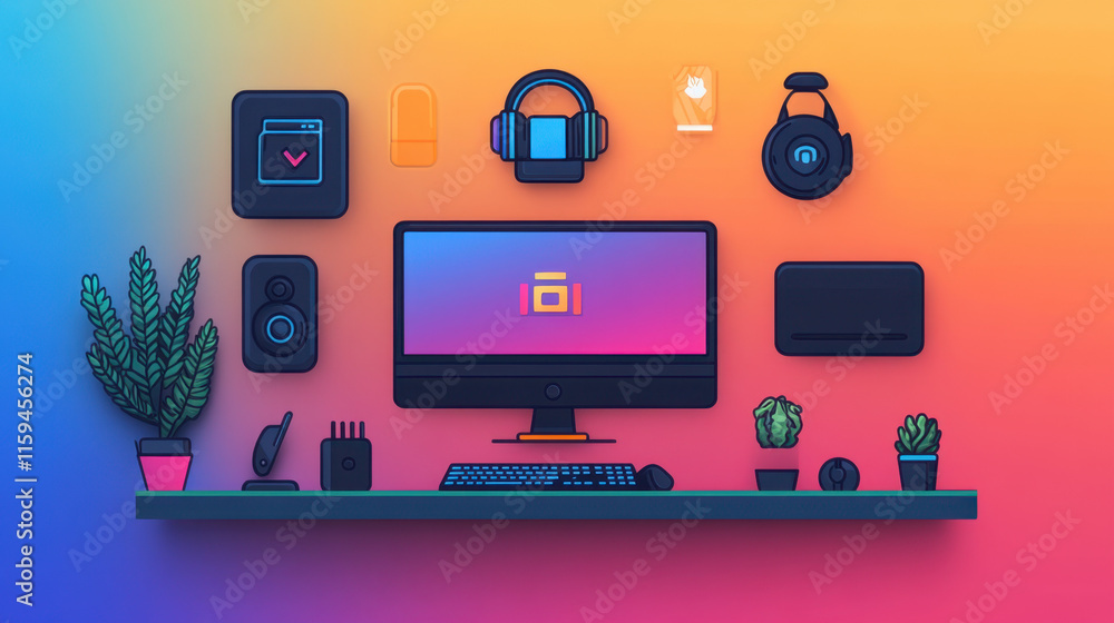 Poster computer hand drawn, a computer setup featuring dual monitors ideal for gaming, showcasing a modern 