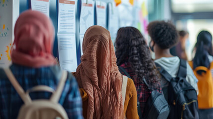 Students viewing a bulletin board in a school hallway