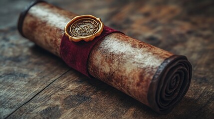 Rolled antique parchment scroll with wax seal on wooden table.