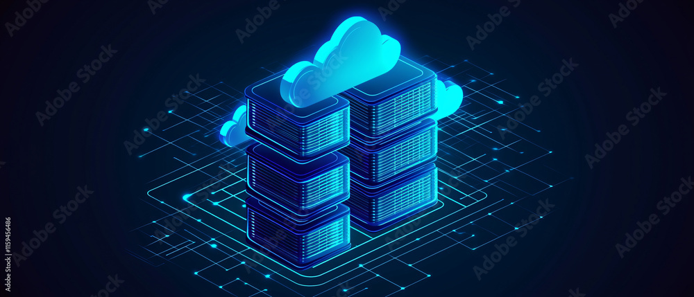 Poster a digital representation of cloud storage, featuring stacked servers and a glowing cloud, symbolizin