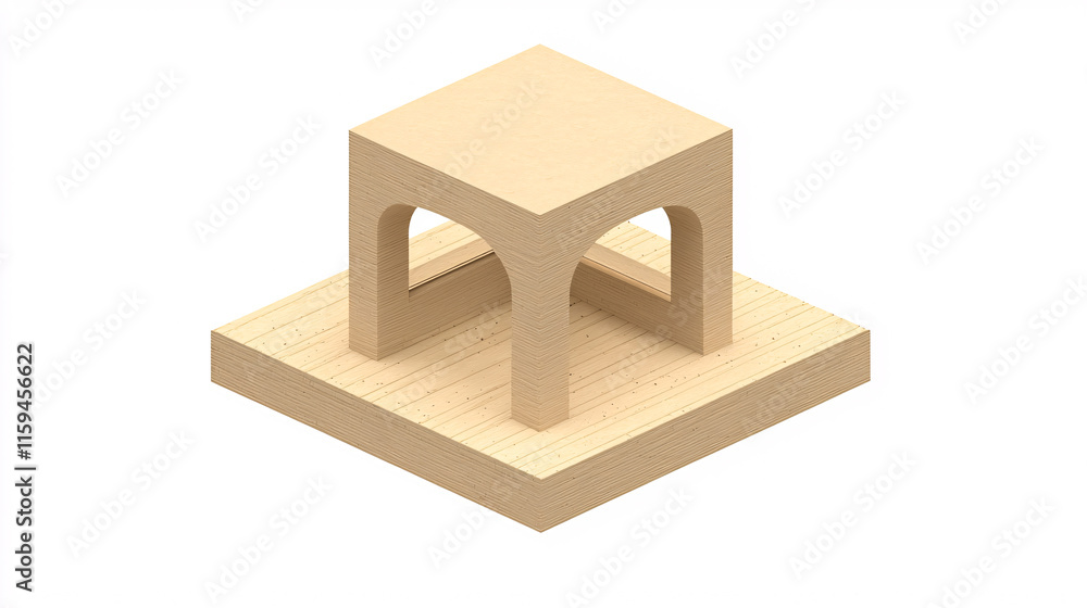 Poster a minimalist wooden structure featuring a square top and archways, set on a square base, emphasizing