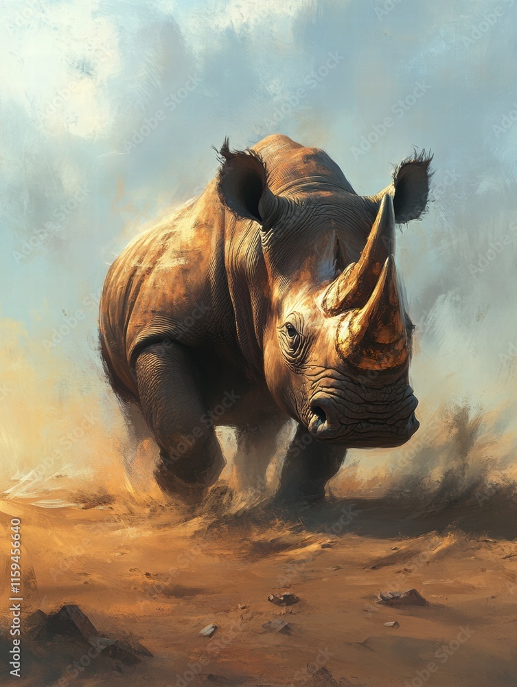 Poster rhino in motion across a barren savanna landscape with space for text and focus on wildlife conserva