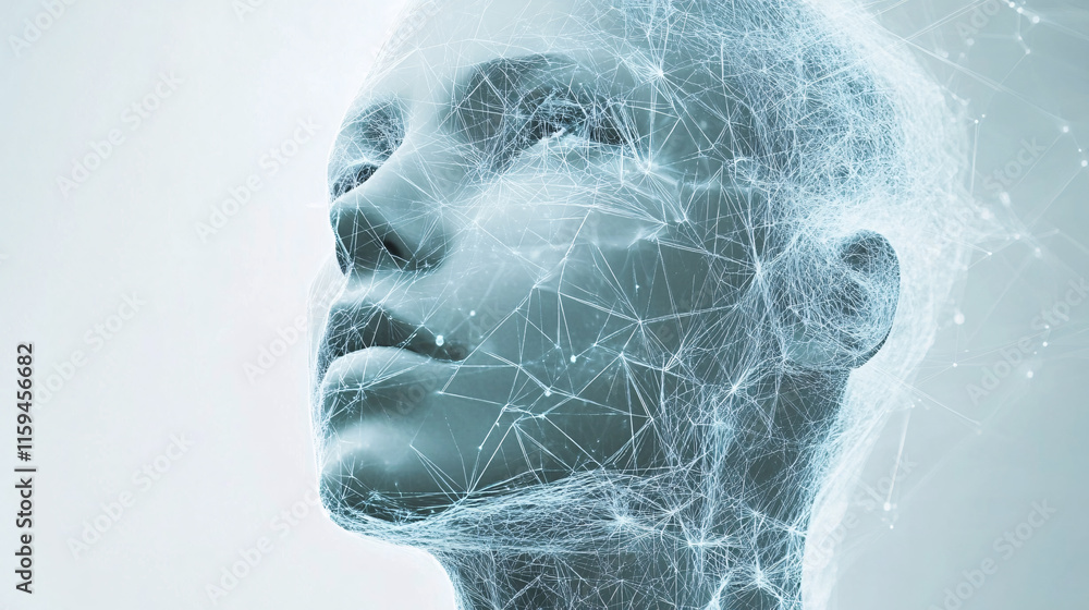 Poster a futuristic depiction of a humanoid figure, emphasizing a digital network of connections, symbolizi