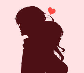 背中合わせの男女　ハート　影絵