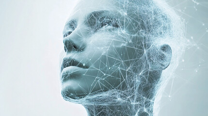 A futuristic depiction of a humanoid figure, emphasizing a digital network of connections, symbolizing artificial intelligence and technology.