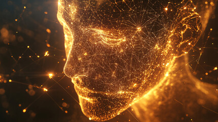 A glowing, abstract representation of a human face, composed of intricate patterns and luminous particles, suggesting a blend of technology and humanity.