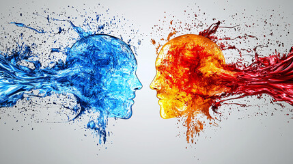 A vibrant illustration of blue and orange splashes representing opposing forces, resembling human profiles engaged in a dynamic interaction.