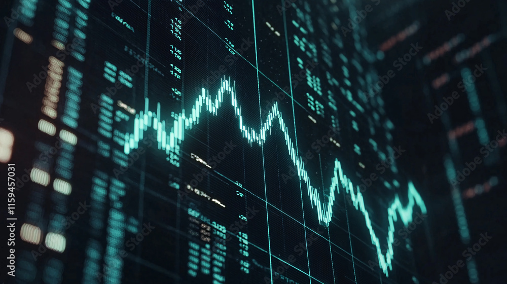 Poster a digital representation of fluctuating data, showcasing a vibrant line graph on a dark background, 