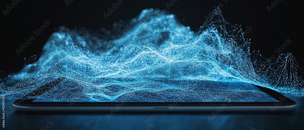Poster a sleek tablet displays a dynamic wave of blue particles, illustrating digital innovation and data v