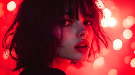 Fototapeta premium Red Light Portrait Of A Young Woman With Short Hair