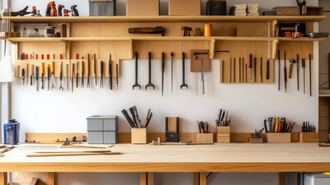 Contemporary minimalist home workshop with minimal tools. Featuring a clean, open design with modern lines