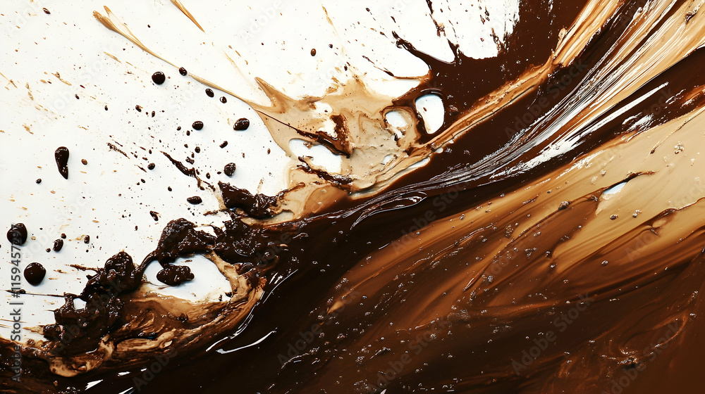 Poster energetic mocha mousse color 2025 splash art with dynamic brushstrokes, layered splatters and vibran