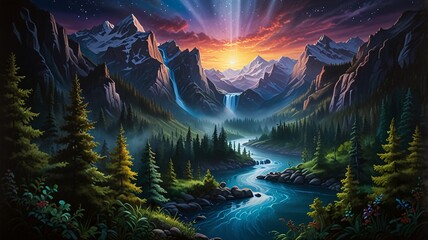 Obraz premium photorealistic painting with Serene Lake Reflection and Starry Sky V3