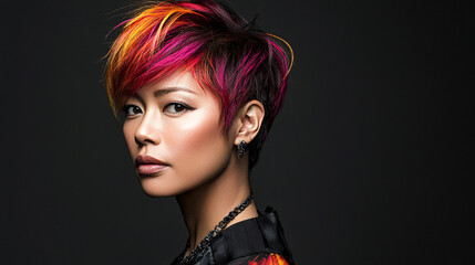 A striking portrait of a woman with vibrant, multicolored hair, showcasing a modern short haircut against a dark background.