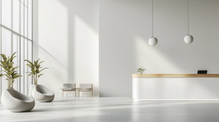 Contemporary minimalist hotel lobby with minimal decor. Featuring a clean, open design with modern lines