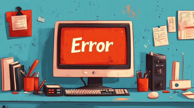 Computer hand drawn, A computer displaying a large error message, visually representing technical issues and troubleshooting scenarios.