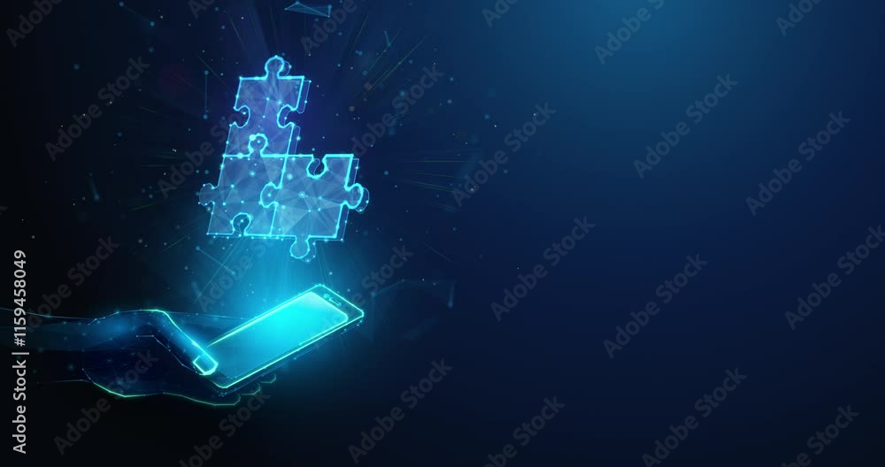 Poster abstract looped animation of low poly jigsaw puzzle assembling continuously over smartphone in hand.