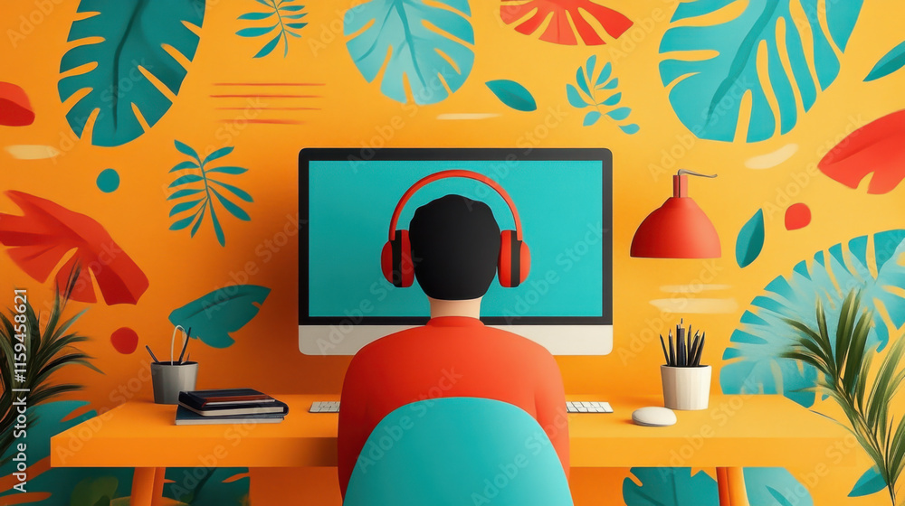 Poster computer hand drawn, a person using a desktop computer with headphones, showcasing a focused work en
