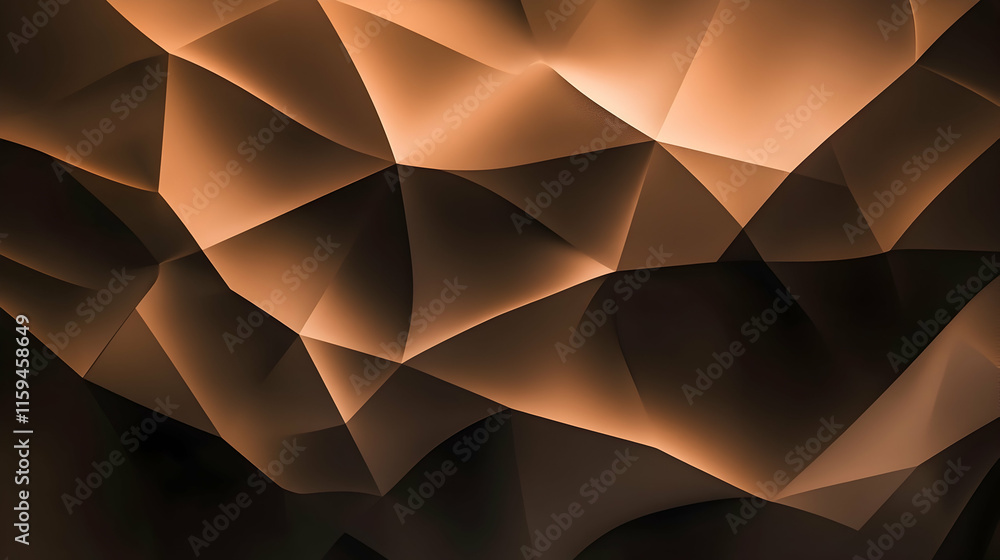 Poster Geometric Mocha mousse color 2025 abstract background with layered polygonal shapes, precise lines and a dynamic interplay of light and shadow