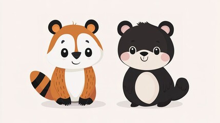 Naklejka premium Two cute cartoon animals, a raccoon and a bear, sit side by side with friendly expressions on a light background.