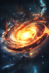 A vibrant depiction of a swirling galaxy with bright colors and cosmic elements.
