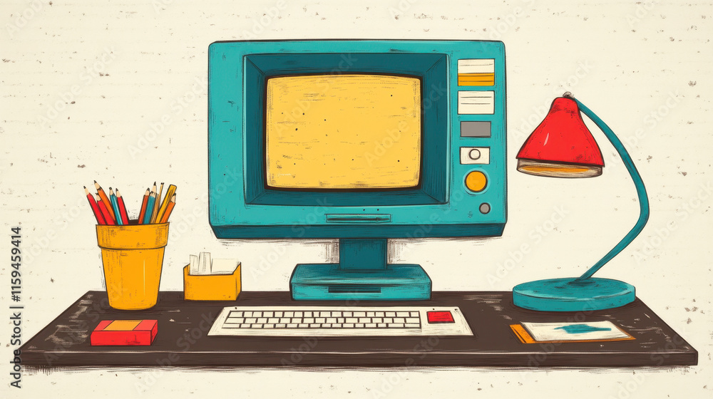 Poster computer hand drawn, a vintage desktop computer with a floppy disk, showcasing retro technology and 