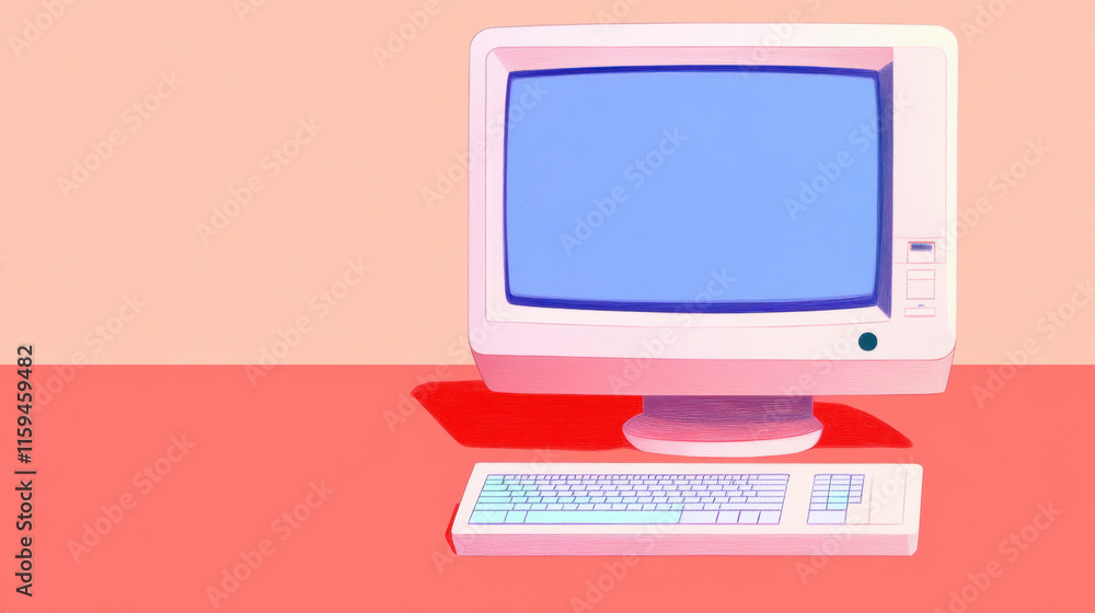 Poster computer hand drawn, a vintage desktop computer featuring a floppy disk drive, capturing retro techn