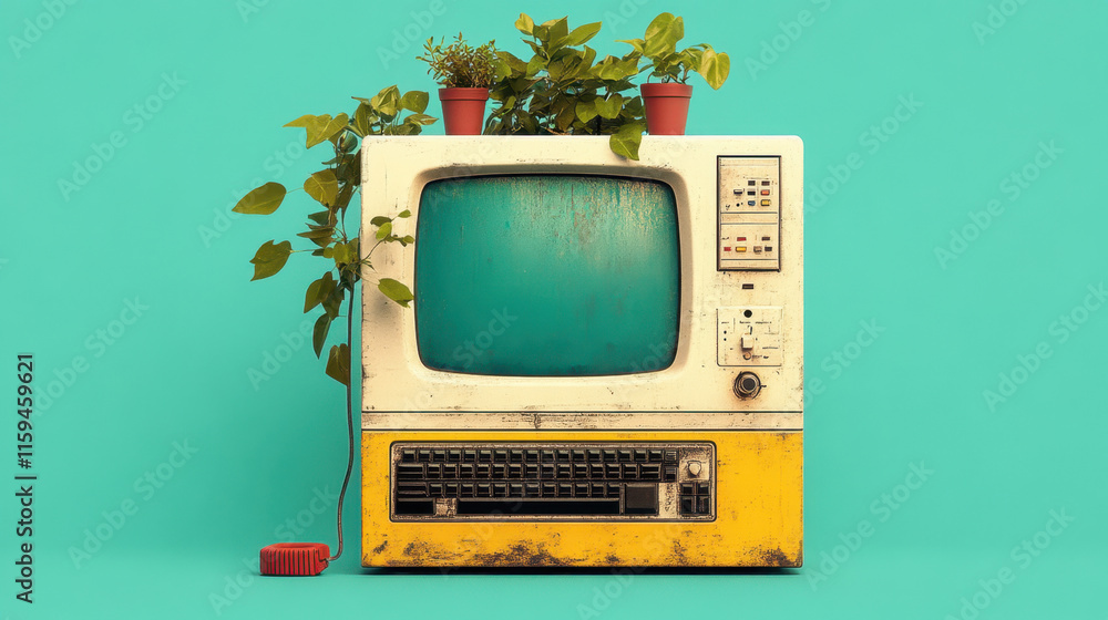 Poster computer hand drawn, a whimsical illustration of a computer adorned with a tiny garden, blending tec
