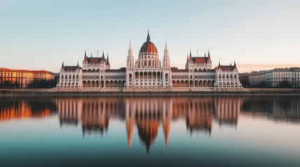 Obraz premium Calm River Reflection at Dawn with Scenic City Backdrop