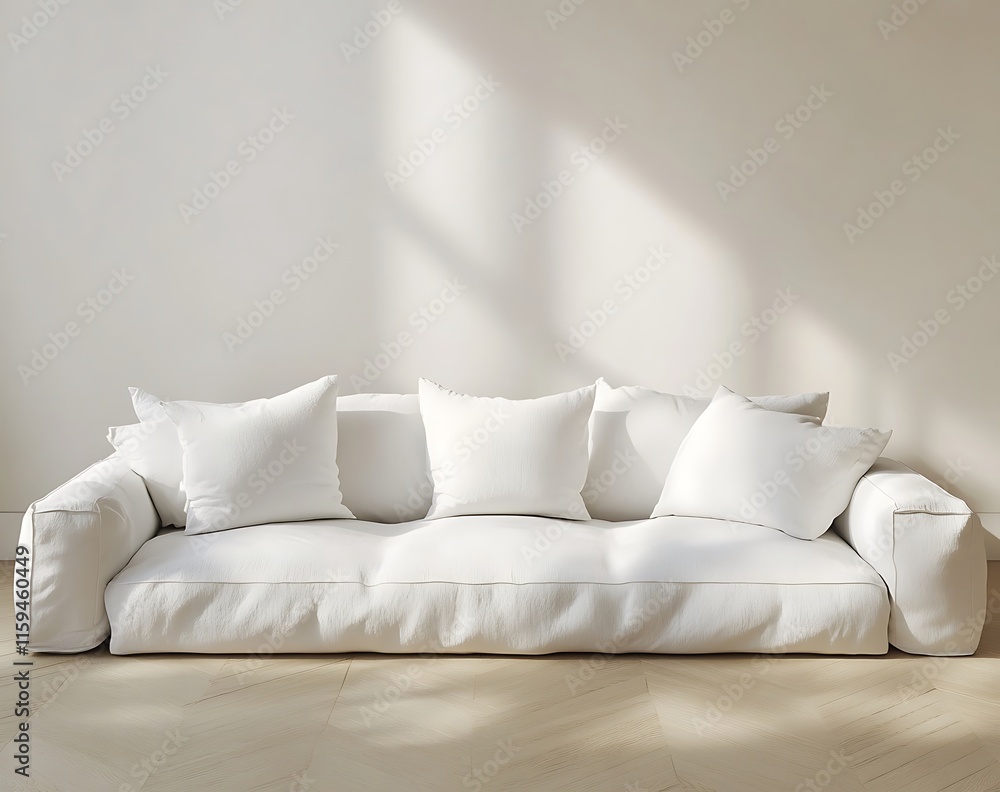 Poster minimalistic white sofa in a clean interior setting with wooden flooring and a white wall, creating 