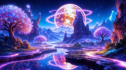 Surreal beautiful background scene of an Imaginary journey in a fantasy world with surreal landscape with magical elements, stars, mountains and giant planet