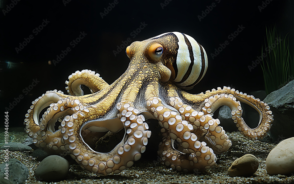 Poster intricate octopus with zebra stripe pattern, showcasing vibrant colors and unique textures in underw