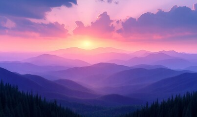Fototapeta premium Vibrant sunset over layered purple mountains.