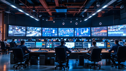 Industrial control room with multiple monitor screens, operators interacting, colorful LED lights,...