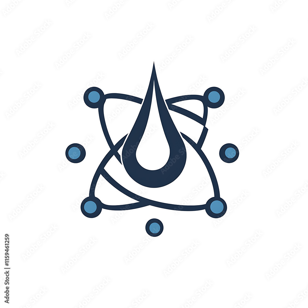 Poster simple logo symbolizing drop of oil within atomic structure, representing energy and innovation. des