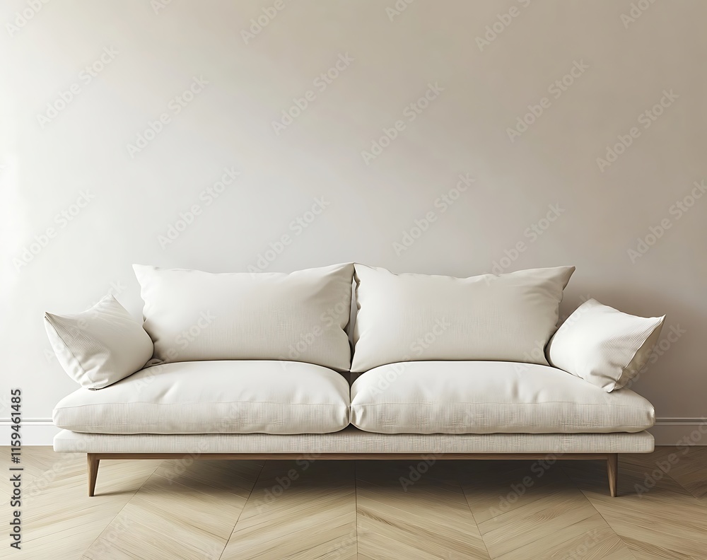 Fototapete Minimalistic white sofa in a clean interior setting with wooden flooring and a white wall, creating a mockup background, rendered in 3D with space for text and a balanced 2/3 layout.