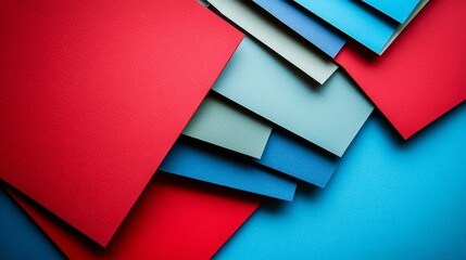 A colorful arrangement of layered paper sheets in red, blue, and gray tones.