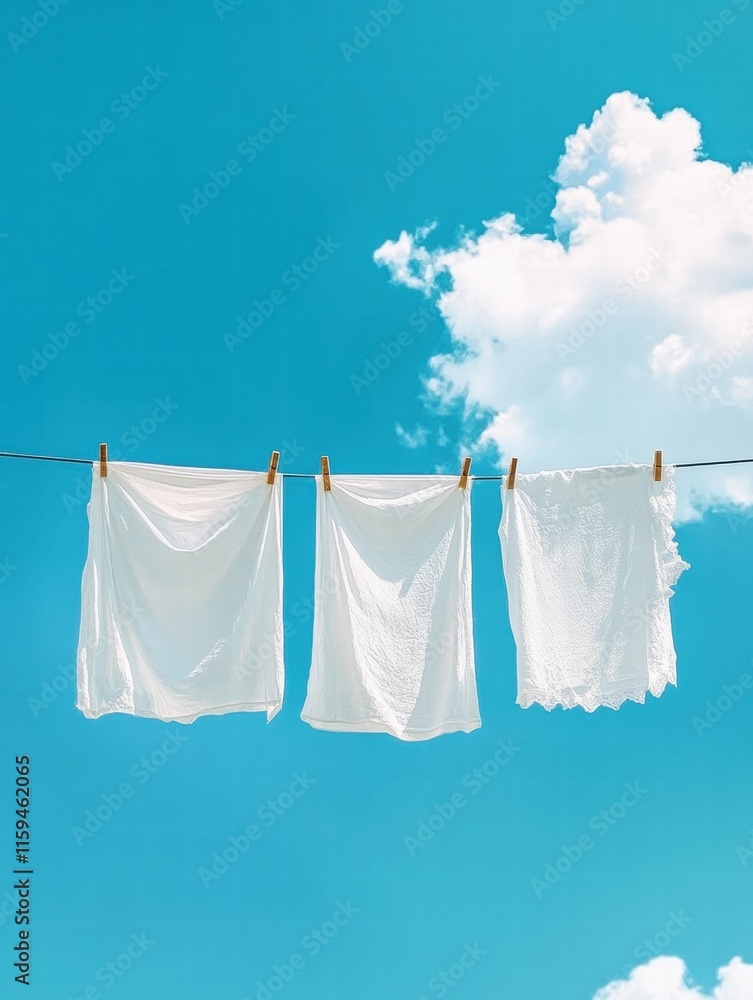 Poster bright white clothes drying on a line under sunny blue sky with fluffy clouds for mock up and text p