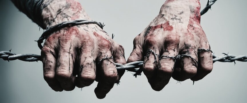 suffering Slavery. Limitation. old blood hands, wrapped in barbed wire, Hands in chains