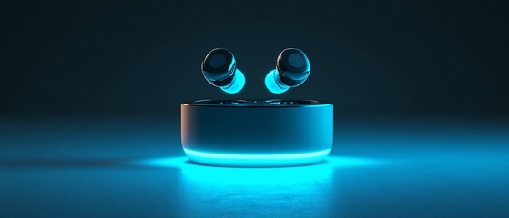 Wireless earbuds in charging case, illuminated blue.