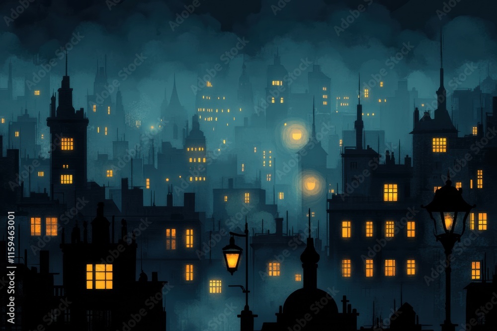 Aufkleber mysterious dark cityscape illuminated by scattered warm lights in an enchanting night setting. gener