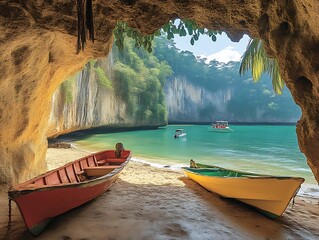 Tropical Cave Beach Scene With Boats And Lush Green Foliage
