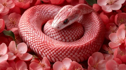 Fototapeta premium Pink Snake Coiled Amidst Delicate Pink Blossoms